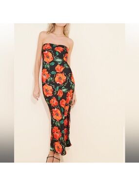 New RESA Anna Strapless Black Maxi Dress with Red Floral Print